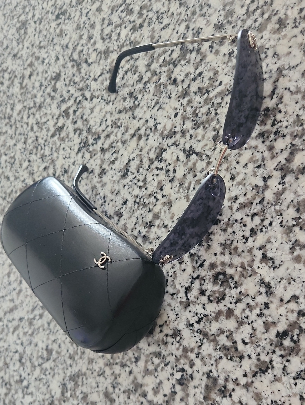 CHANEL Black Quilted Sunglasses Case with Gray Marble Sunglasses